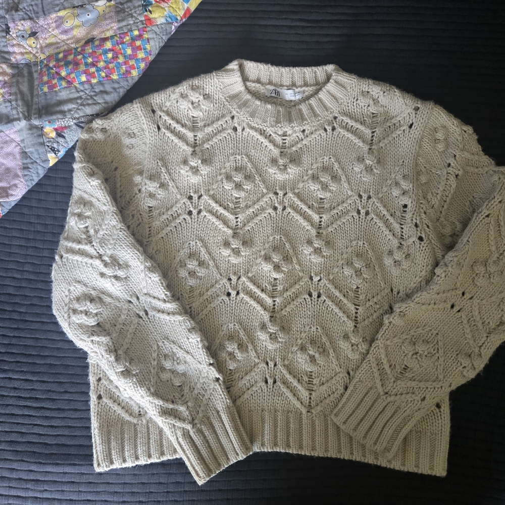 Zara Cream Crew Neck Sweater with Intricate Knit Pattern